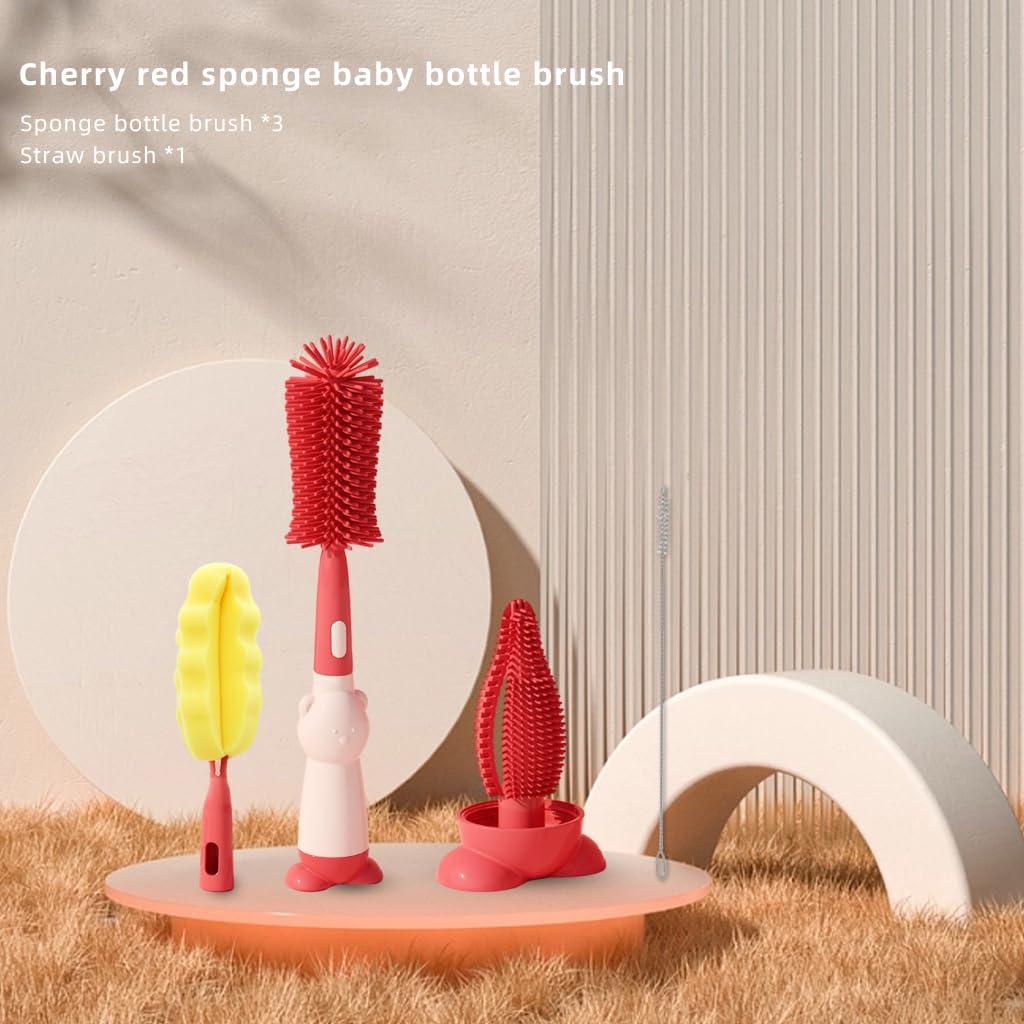 SNOWIE SOFT Bottle Cleaning Brush Set for Baby and Sports Bottles with Sponge Heads and Straw Brush | 4pcs Red