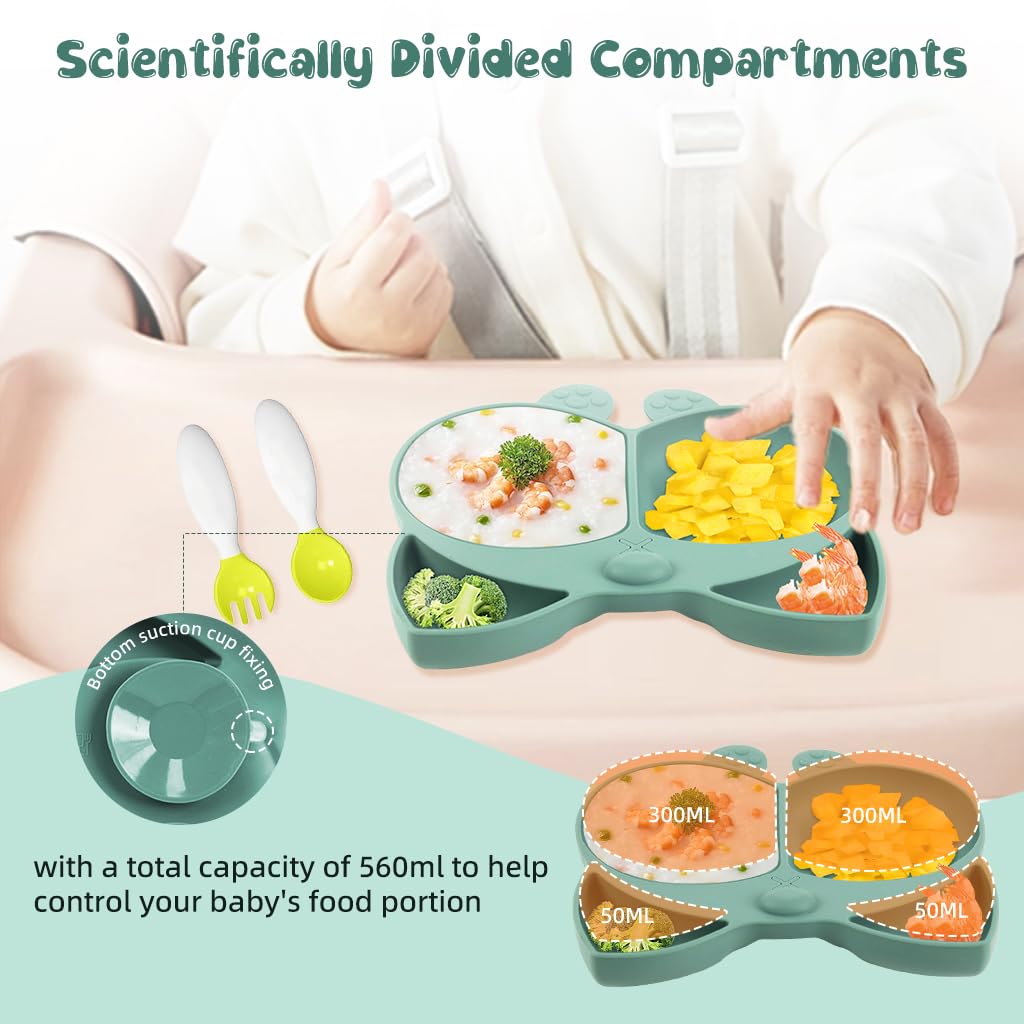 SNOWIE SOFT Suction Plates for Baby with 4 Strong Cups and 3 Compartments Silicone | Green