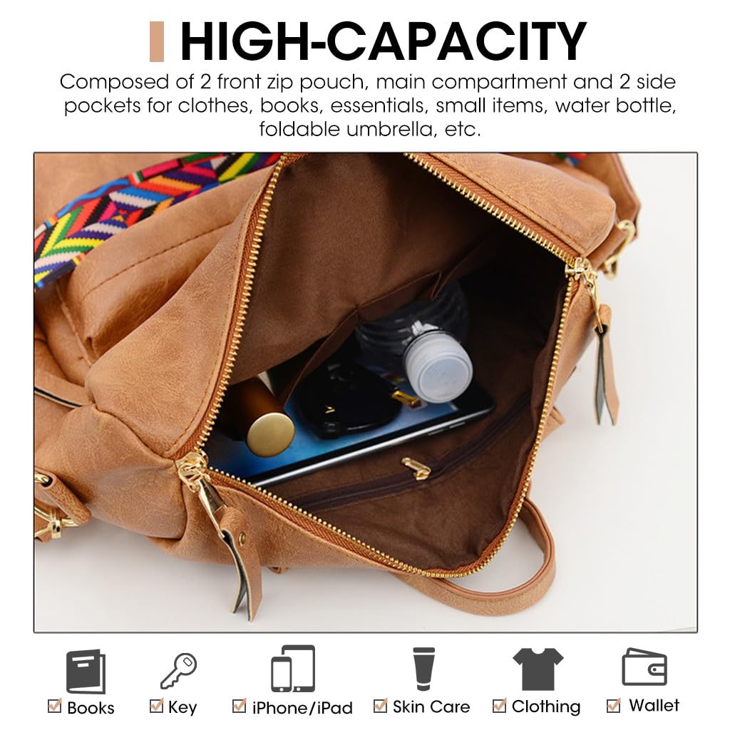 ZIBUYU Women Backpack for Travel and Office featuring Hidden Zipper Pouch | Light Brown PU Leather