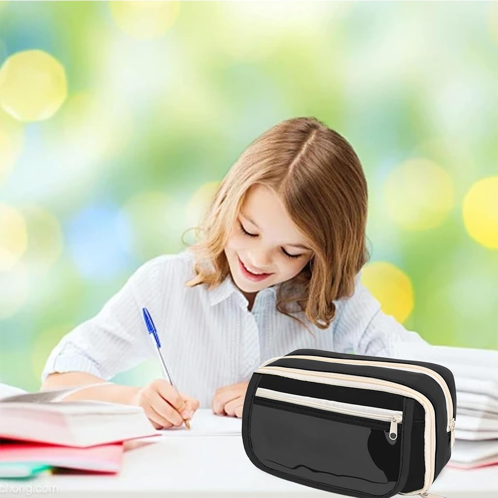 Zibuyu Pencil Pouch for School and Office with Multi Layer Mesh Pockets and Black Cloth Design