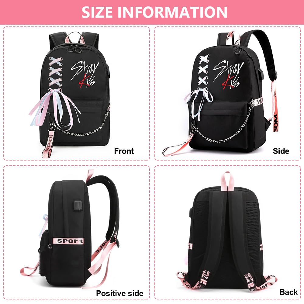 PALAY® K-pop Stray Kids Letter Prints 15'' School Backpack with Cloth Pencil Case Travel Backpack for Girls Black Large Backpack for School, Travel Bag Stray Kids Merchandise School Backpack for Girls