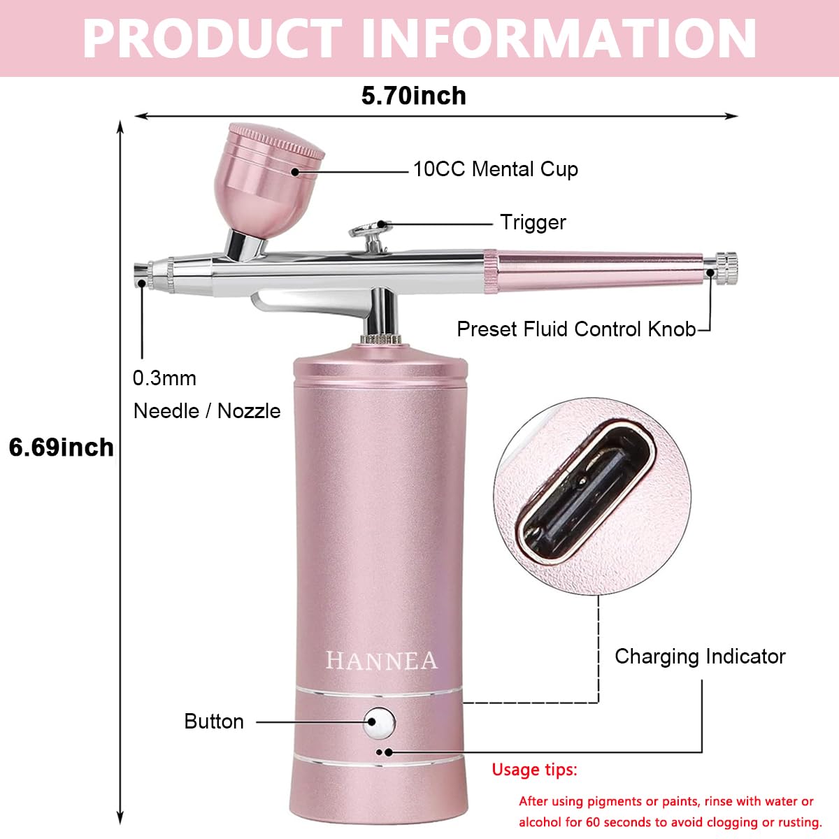 HANNEA Airbrush Kit for Makeup Nail Art and Cake Decor with Dual Action Trigger 20–27psi