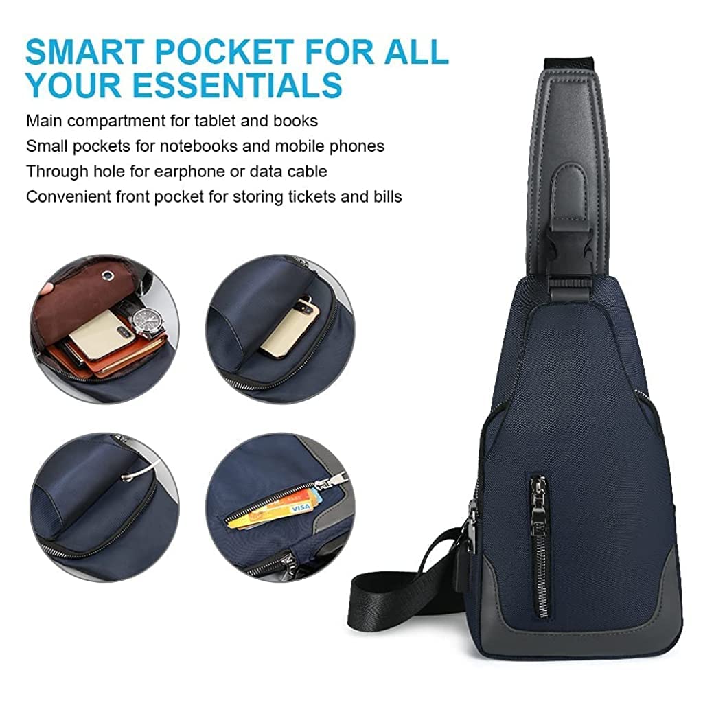 PROBEROS Crossbody Bag for Travel and Outdoor Use with USB Port & 16x6x30.5 cm Compartments | Blue Nylon Design
