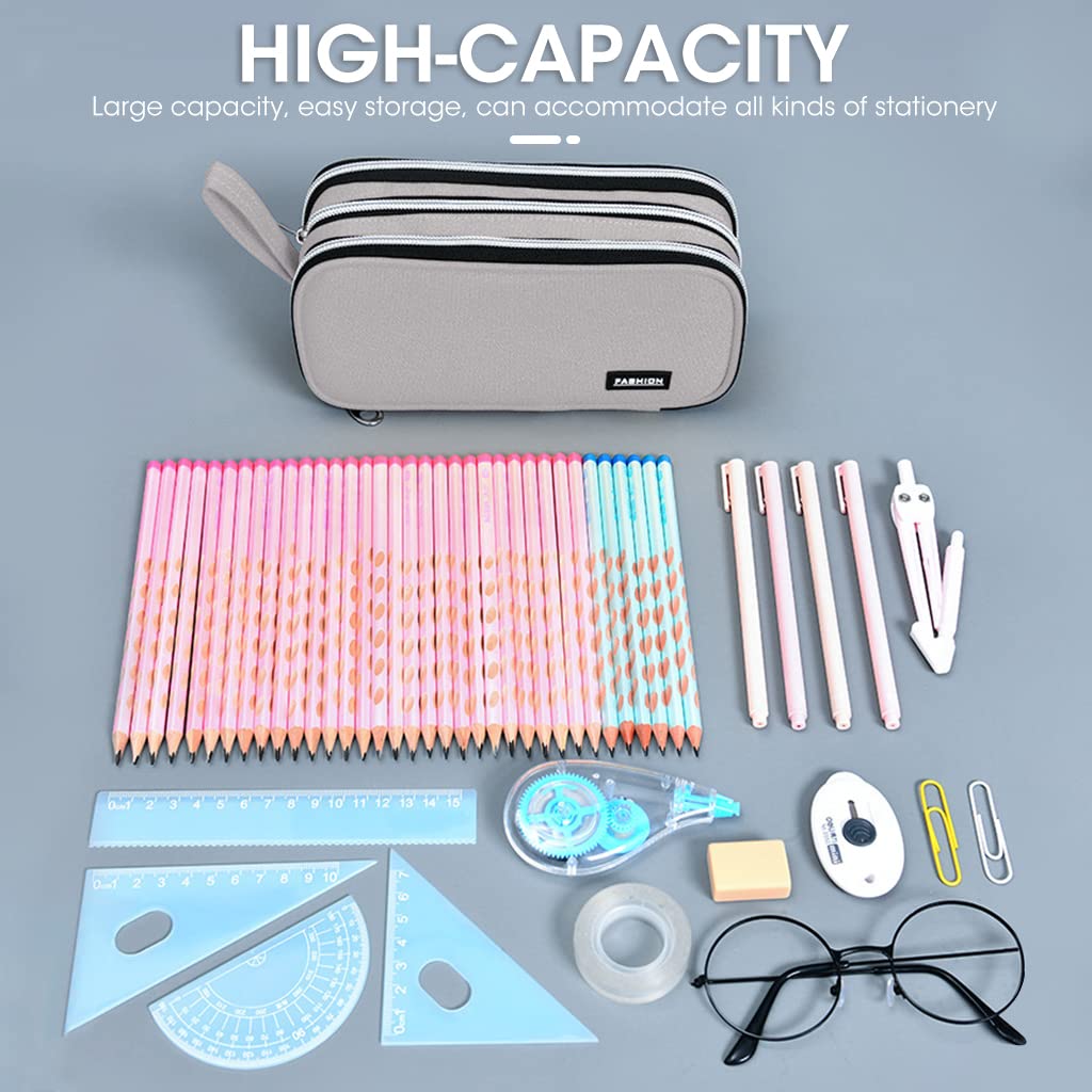 Climberty Large Capacity Pencil Case, 3 Layers of Storage 3 Metal Zippers, Portable Durable Pen Pencil Case with Handle, Aesthetic Pencil Case for School Supplies Office Teen Girls Adults (Grey)