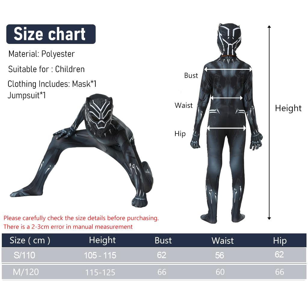 GUSTAVE Black Panther Costume for Kids featuring 3D Digital Prints and Breathable Spandex for 105–115cm Boys and Girls | Ideal for Superhero Party Cosplay