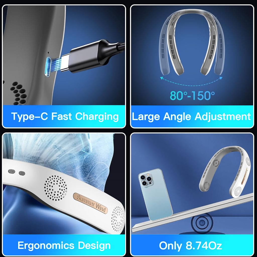 ZORBES Portable Neck Fan for Travel and Outdoor Use with 4000mAh Battery featuring Bladeless Turbo Cooling | White