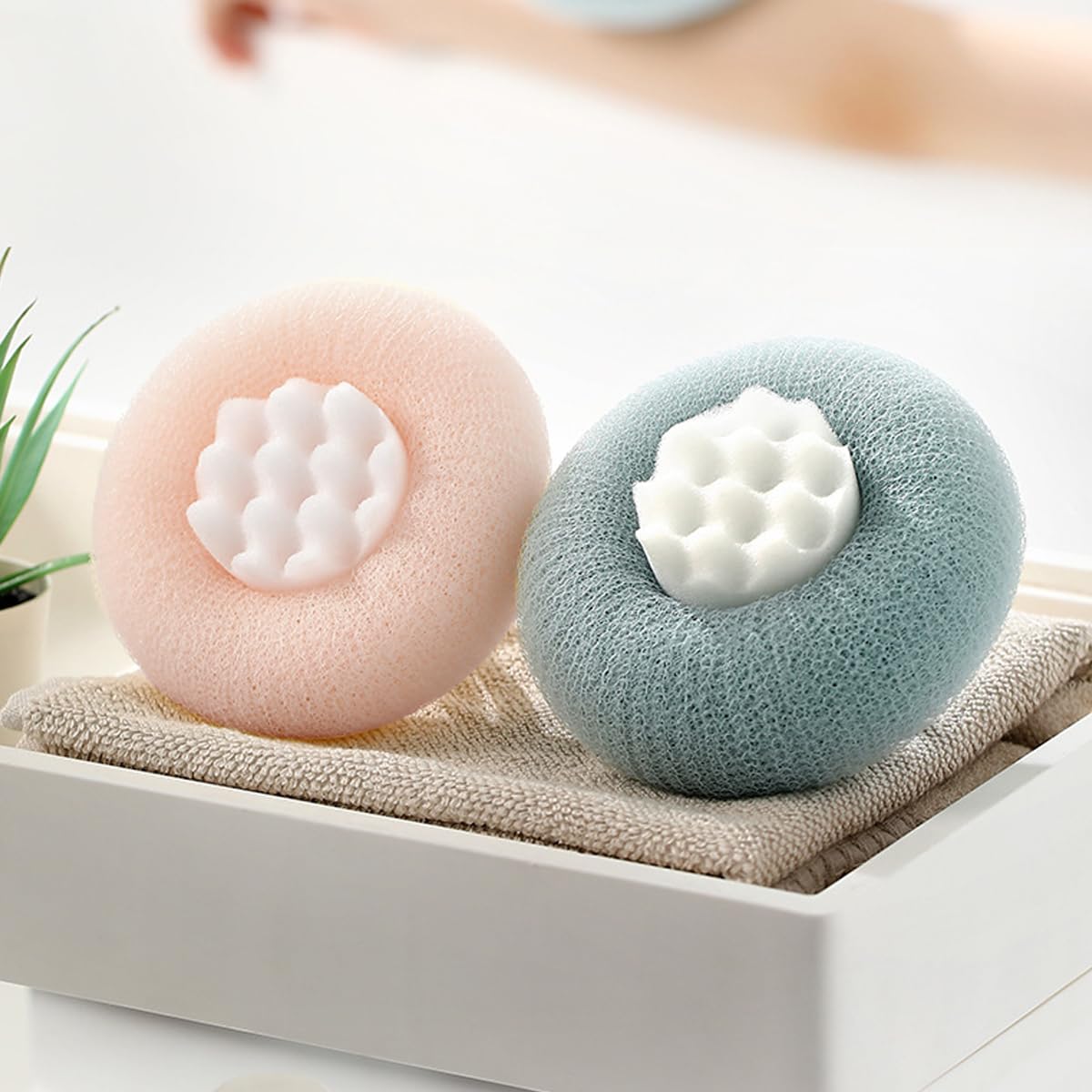 MAYCREATE® 2PCS Bath Body Brush, Bath Ball Sponge Shower Loofahs Pouf Ball Nature Bamboo Charcoal Mesh Bulk Puffs Large with Suction Cup, Shower Essential Skin Care