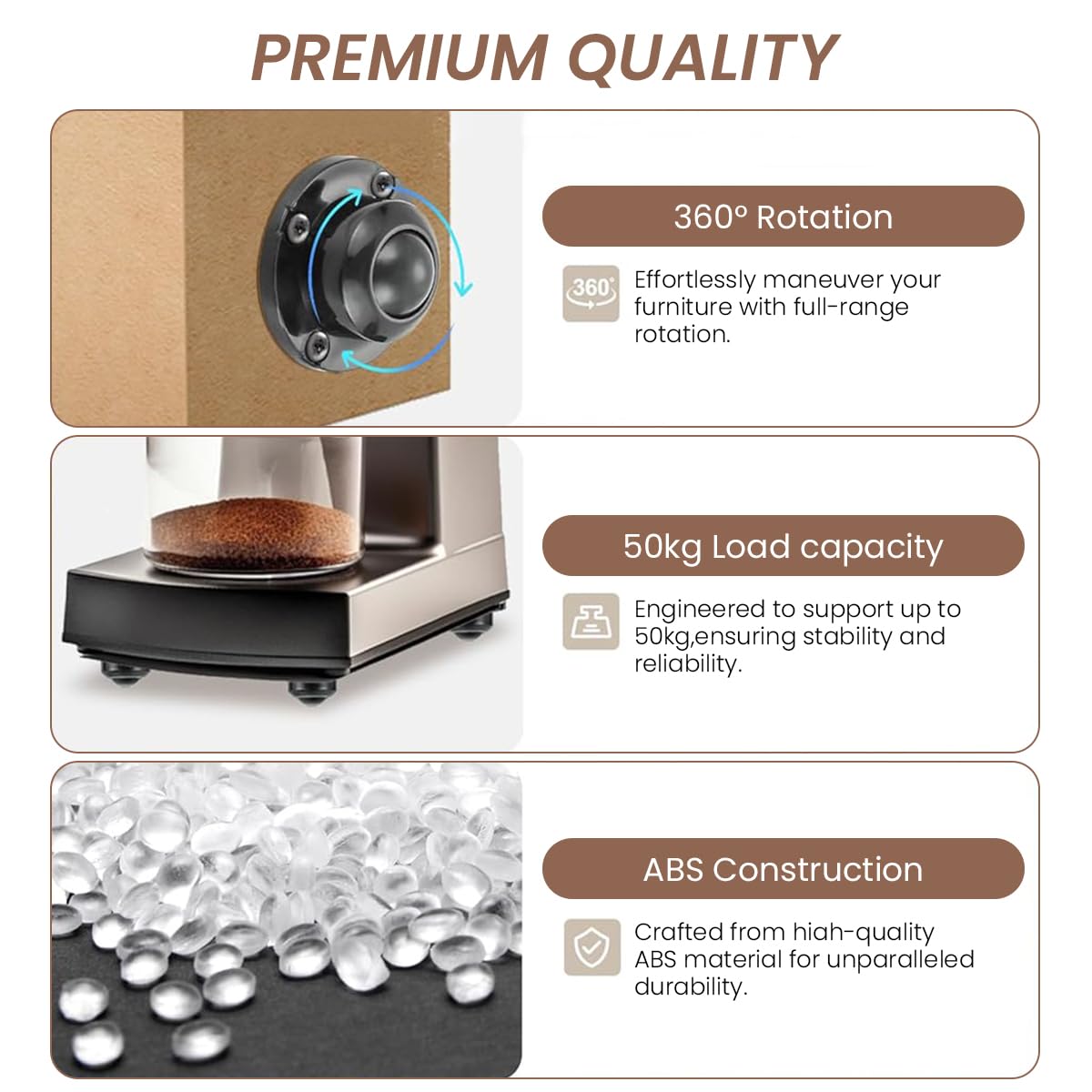 HASTHIP Caster Wheels for Furniture and Small Appliances featuring 360° Swivel | 200kg Load Capacity and Self Adhesive Design