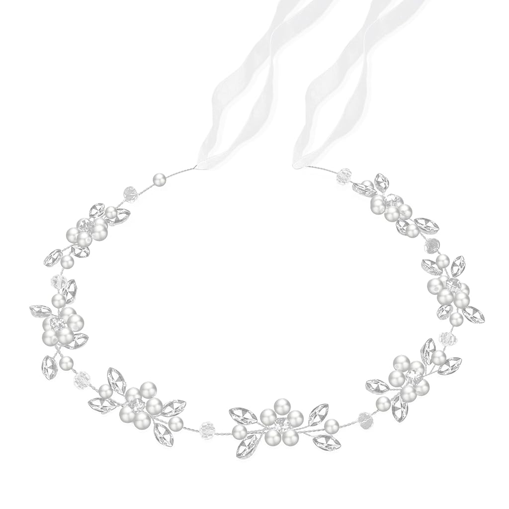 SANNIDHI® Bridal Head Band Head Peice Pearl Rhinestone Floral Headpiece Ribbon Tie-Back Headband for Bride, Dress Up Princess Hair Accessory for Wedding
