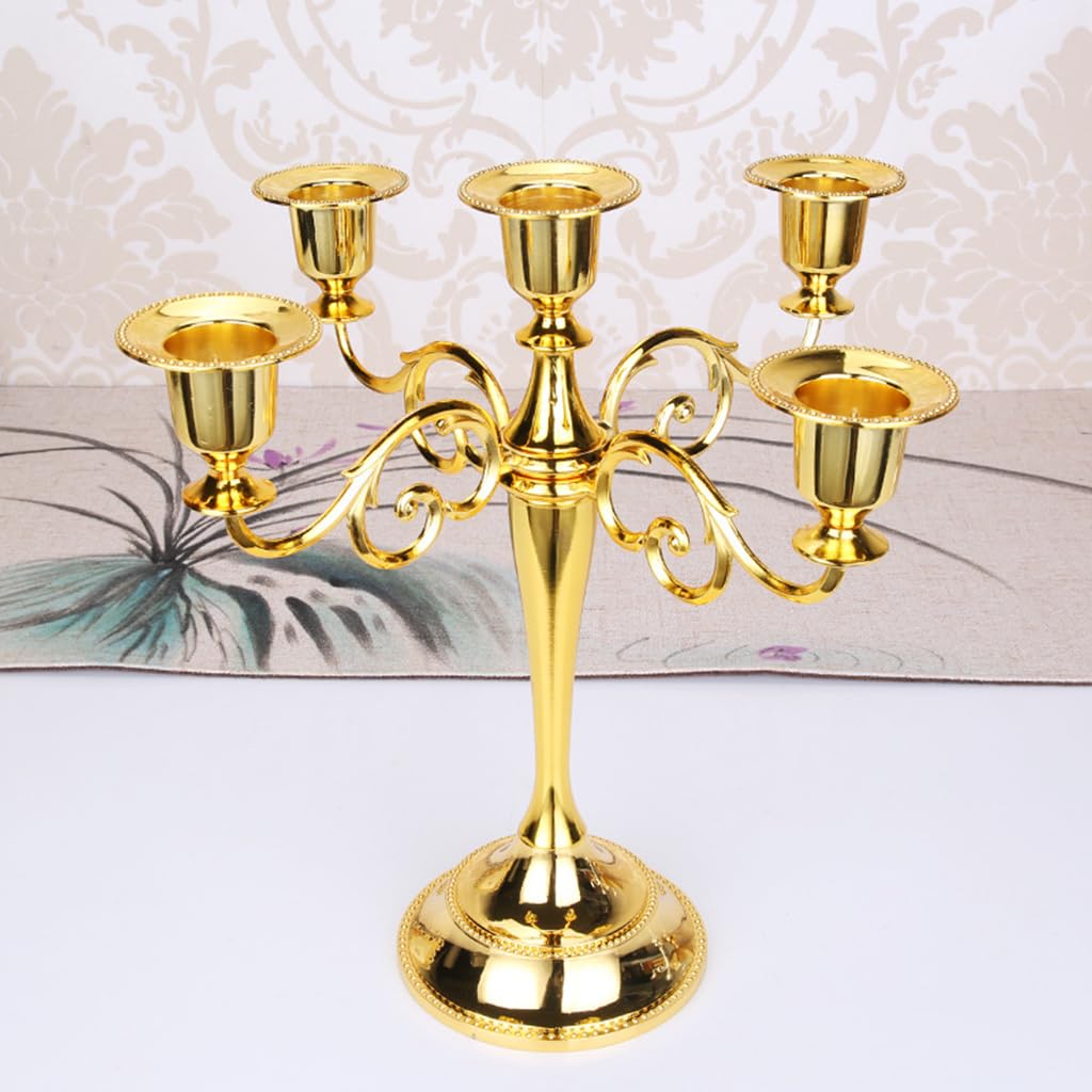 HASTHIP Candle Stand for Home Decor with 5 Arm Candelabra Design in Golden Metal | Dining Table Centerpiece