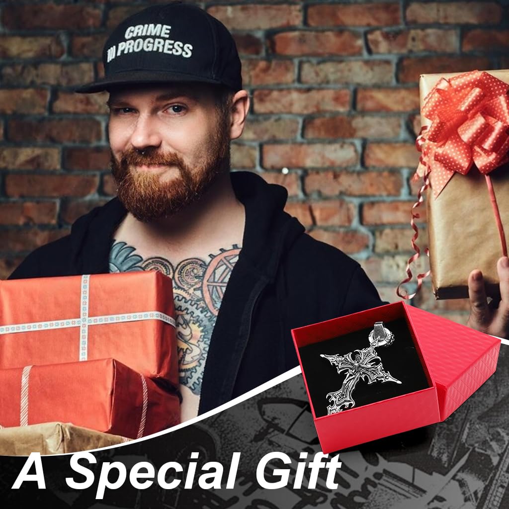 SANNIDHI Vintage Gothic Cross Skull Pendant Necklace featuring Flame Design for Men and Women | Stainless Steel Punk Jewelry Gift