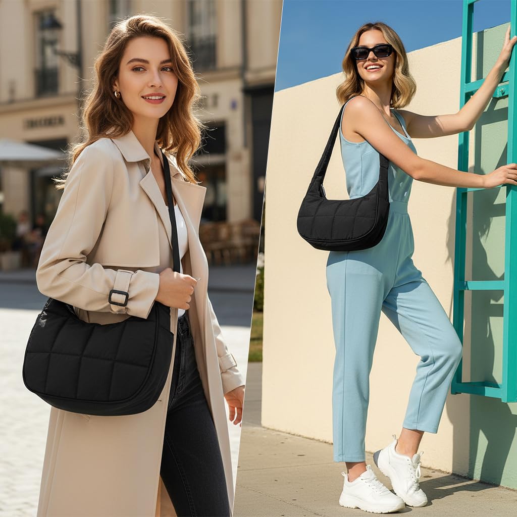 PALAY Shoulder Bag with Adjustable Patchwork Strap and Secure Zipper | 25 x 9 x 14 cm Black Nylon Quilted Crossbody for Women