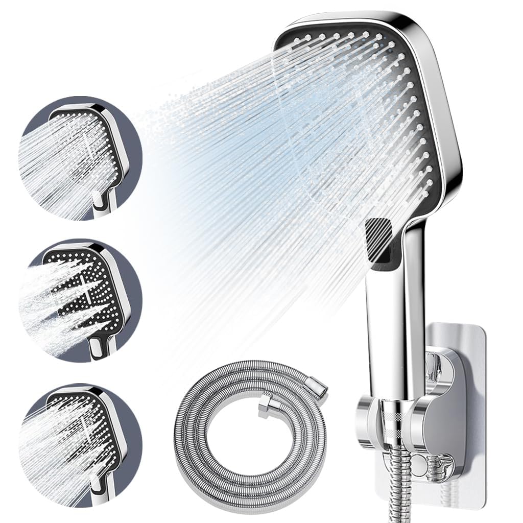 Serplex High Pressure Shower Head with 3 Spray Modes and Universal Hose Set for Bathroom | Water Efficient Handheld Design