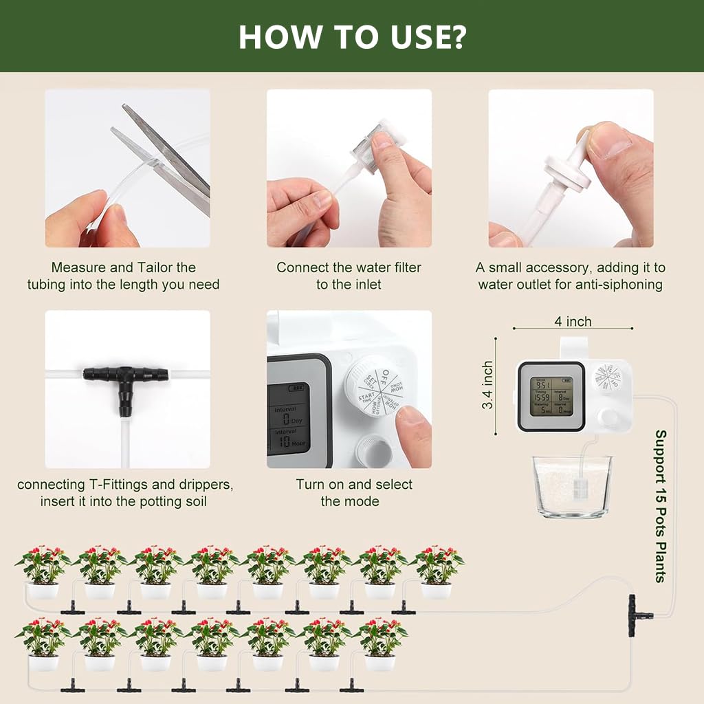 HASTHIP Automatic Drip Irrigation Timer with LCD Display and 10m PVC Tubing | USB Rechargeable Self Watering System
