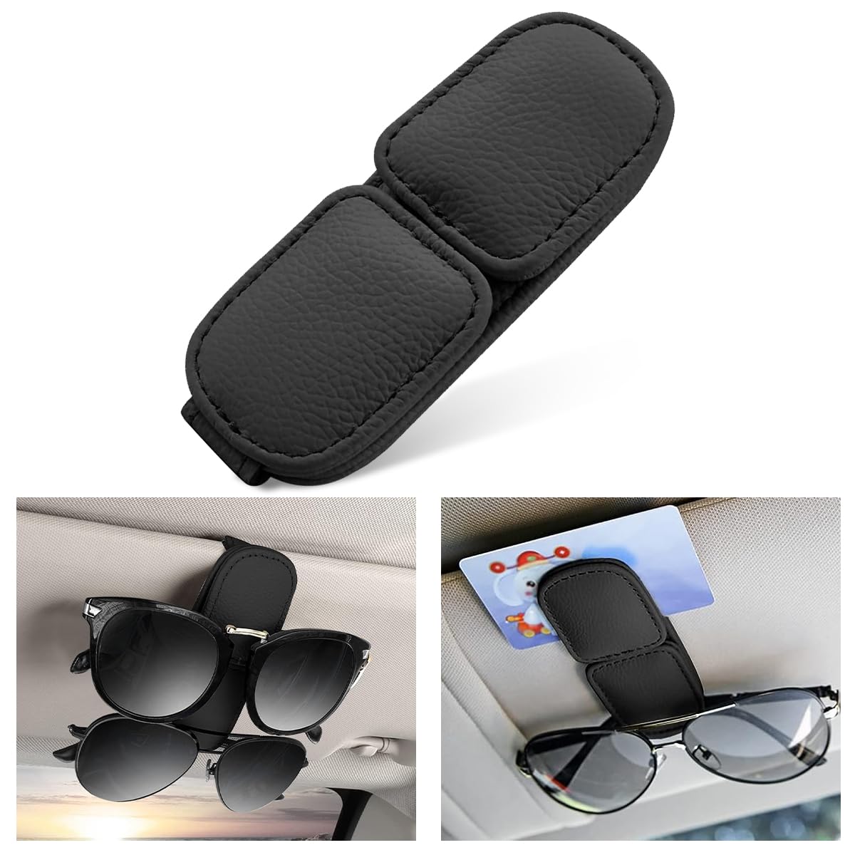 STHIRA® Car Sunglasses Holder, Clip On Sunglasses Holder for Car, Magnet Sunglasses Holder for Sun Visor, Double Position PU Car Sunglasses Holder Clip for Versatile Card Receipt Holder Drive License Clamp