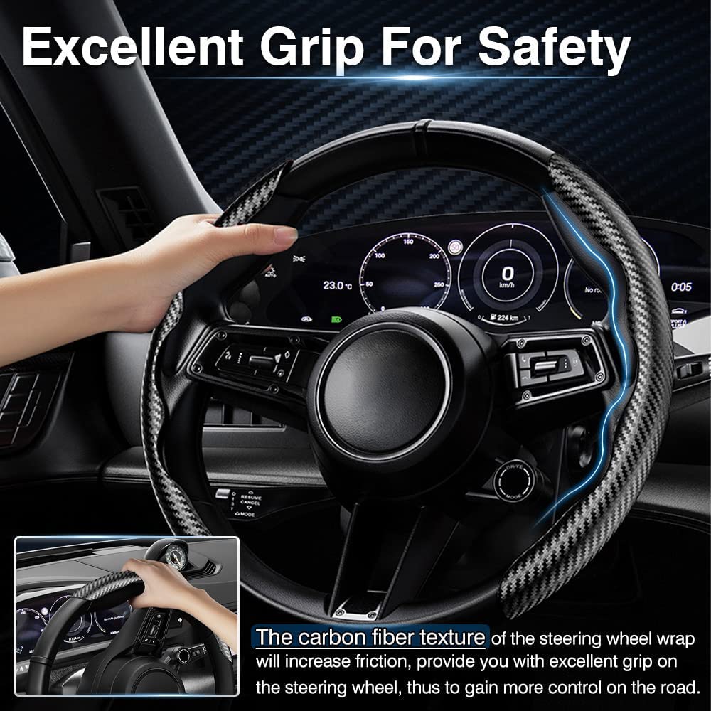 Sthira Carbon Fiber Steering Wheel Cover for 14 15 16 in Cars with Anti Slip Grip | Universal Fit