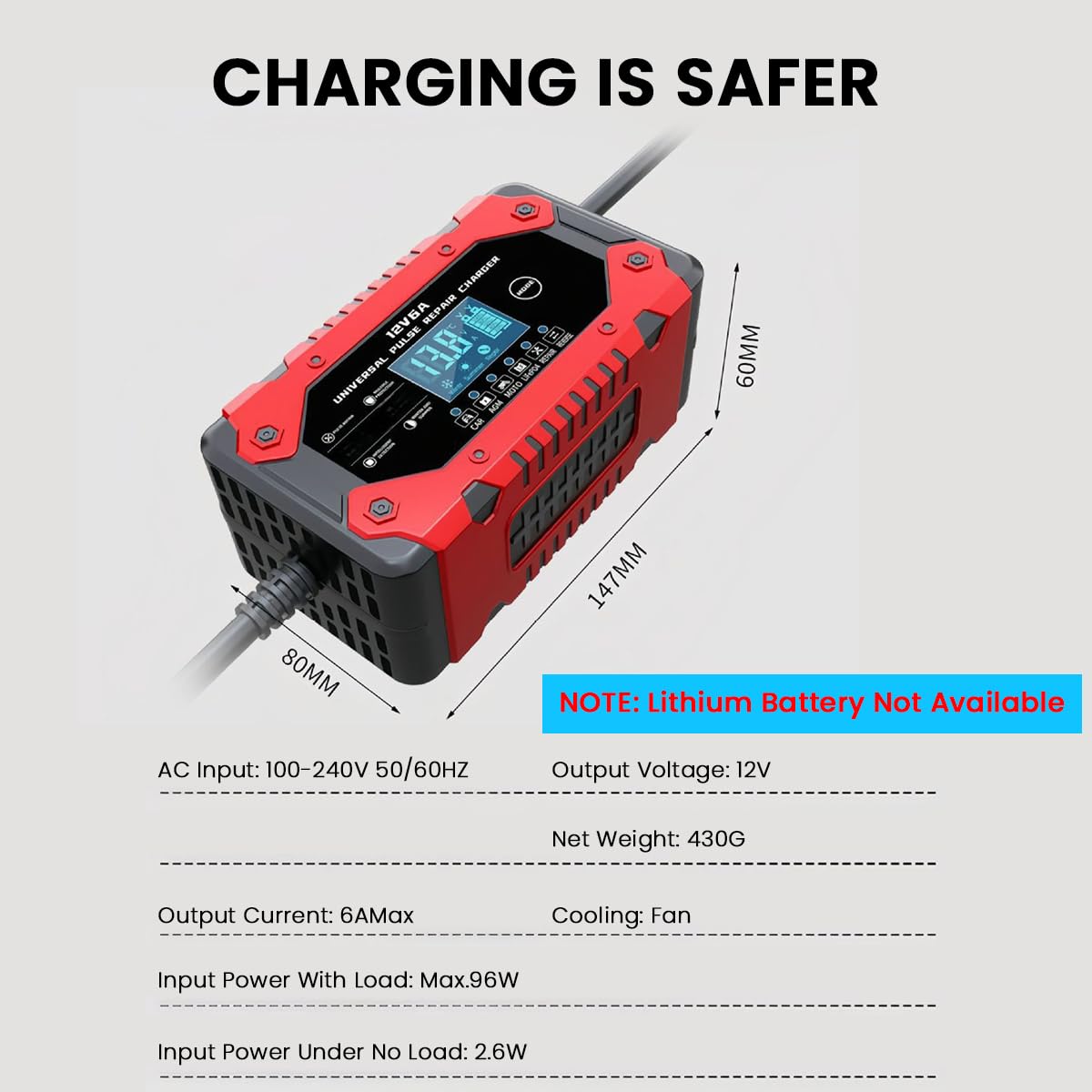 STHIRA Fully Automatic Car Battery Charger 12V 6A for Cars and Motorcycles | Smart LCD Maintainer