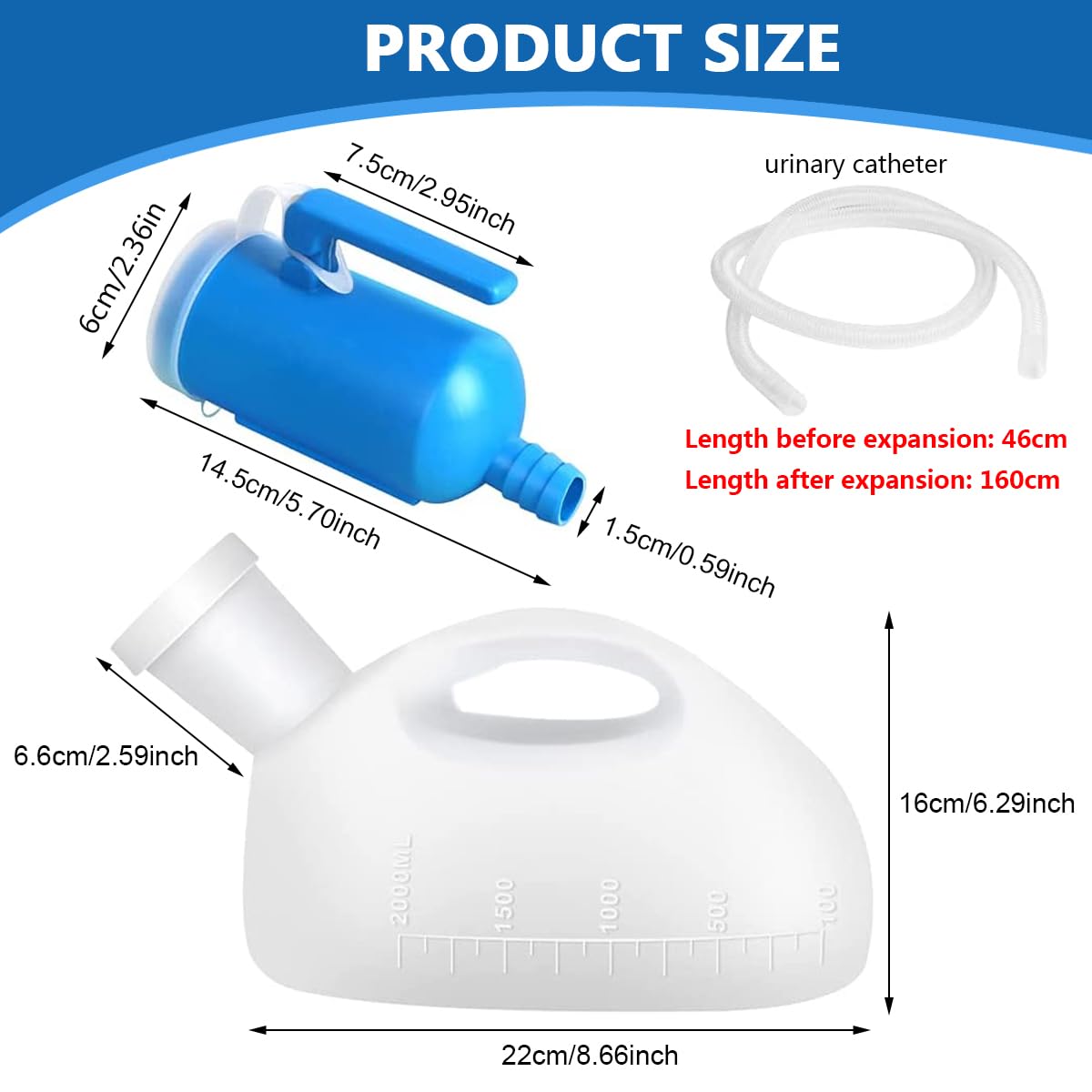 HANNEA Urine Collector for Men 2000ml with 5.2ft Tube featuring Leakproof Lid | Reusable PP Travel Urinal