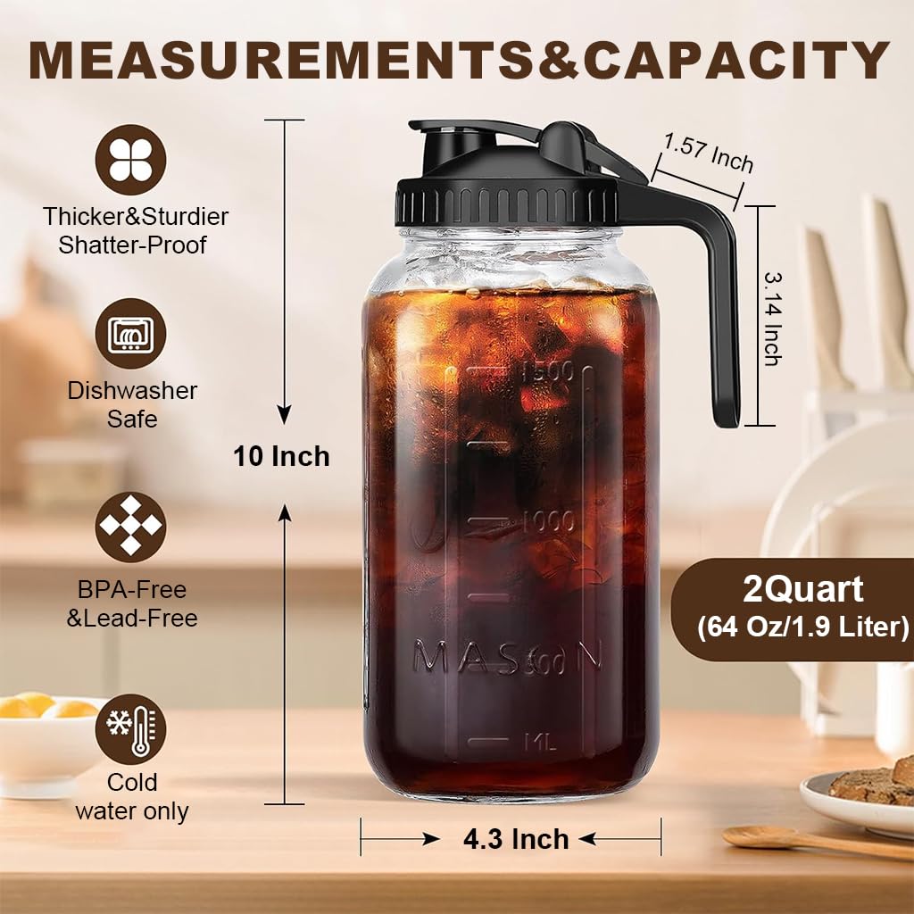 Supvox® 64Oz Cold Blew Glass Kettle Coffee Maker Leaking Proof Lid Design with Handle & Nozzle Cool Water Bottle Iced Coffee Pitcher with Stainless Steel Cone Filter & Cleaning Brush