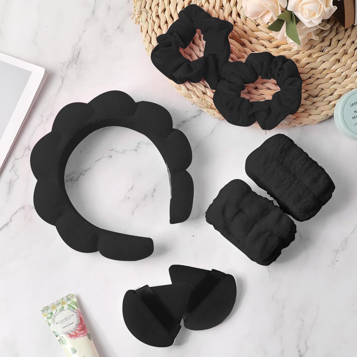 MAYCREATE® Facial Headband for Women Skincare Headband and Wrist Band 7Pcs Set for Face Wash, Puffy Spa Headband Hair Band for Makeup with Scrunchies & Powder Puffs - Black