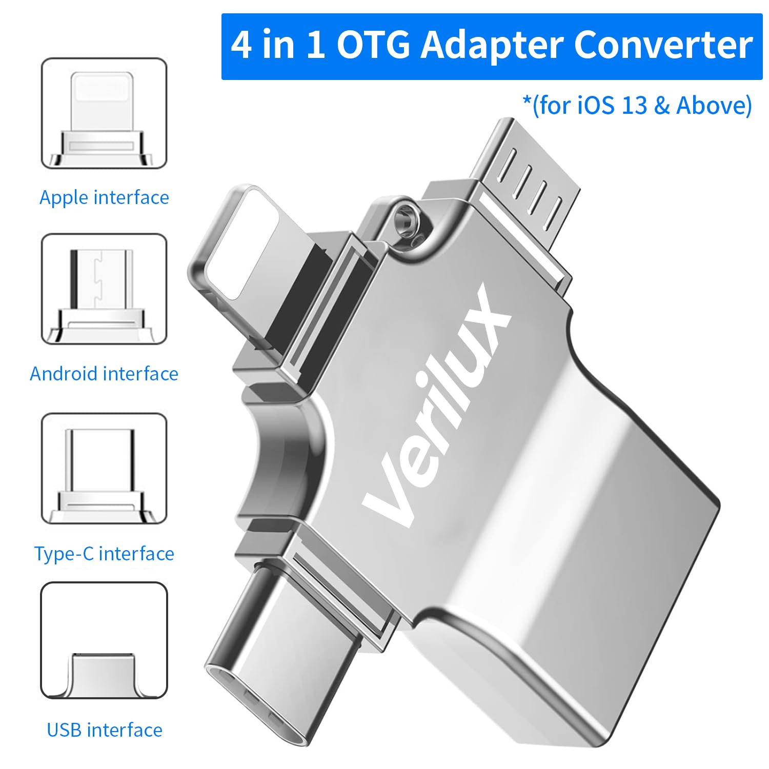 Verilux OTG Adapter 4 in 1 with Type C Micro USB and Lightning Ports for iOS and Android Devices