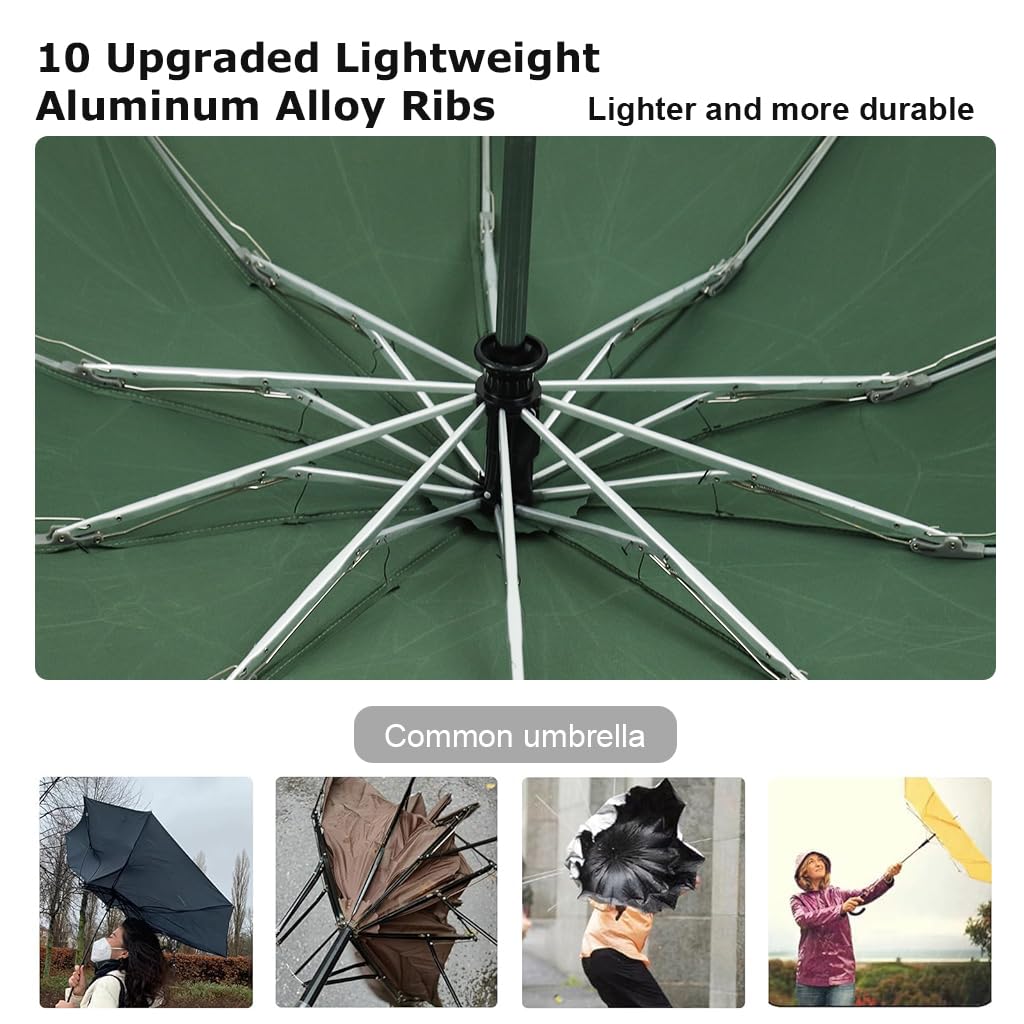 PALAY Auto 3 Fold Large Umbrella for Travel with 50in Canopy and 10 Dual Ribs | Green UV Shield
