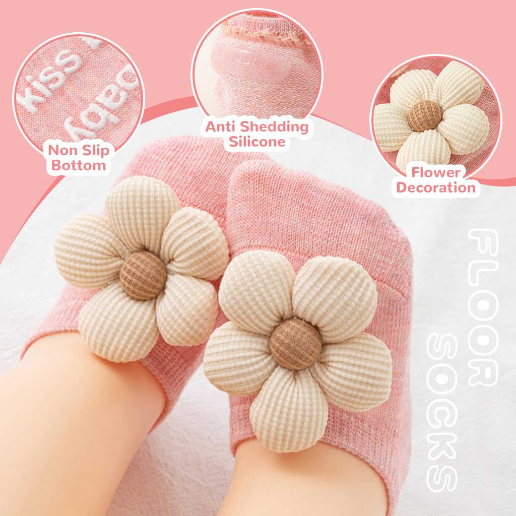 SNOWIE SOFT Baby Socks for 0–12 Months Girls with Anti Slip Grips and Breathable Cotton | 4 Pairs Gift Set