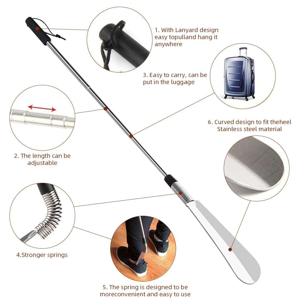 HASTHIP Shoe Horn for Seniors featuring Adjustable Telescopic 16–38 in Metal Handle | 3PCS