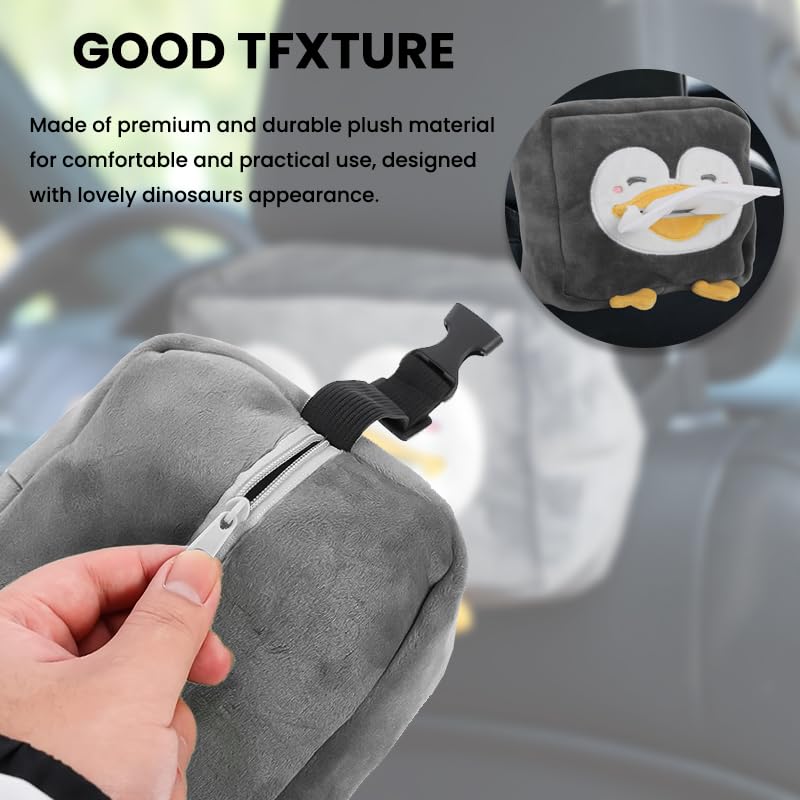 ZIBUYU Car Tissue Paper Holder for Cars with Elastic Buckle and Back Zipper | Grey Cartoon Penguin Box