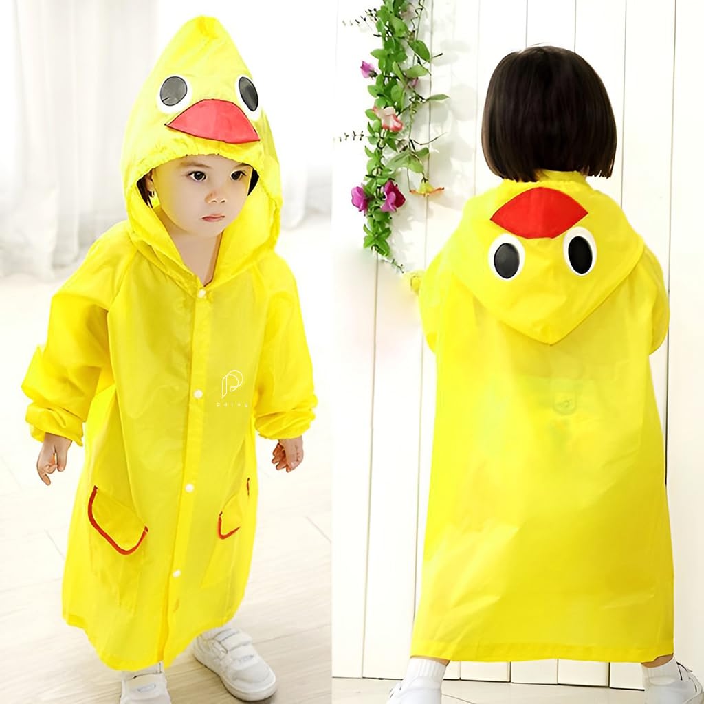 PALAY Raincoat for Kids Boys Girls with Hood, Polyester Rain Ponchos with Pockets and School Bag Coverage, Bright Color Raincoat for 3-7 Years Old Kids (Yellow)