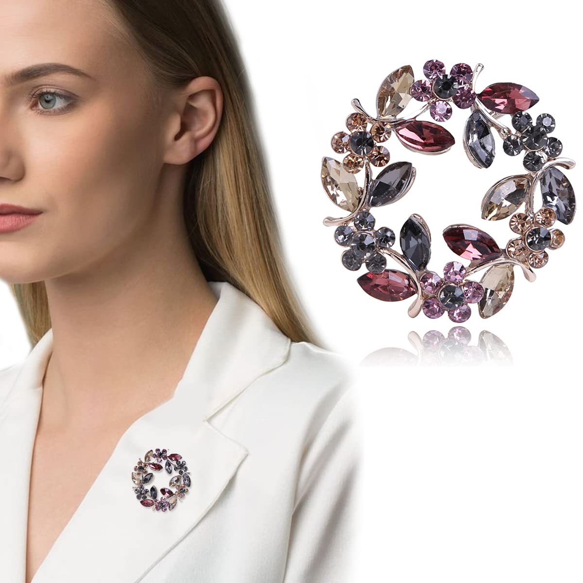 Venzina Crystal Brooch for Women featuring Rhinestone Floral Garland | Elegant Saree Pin