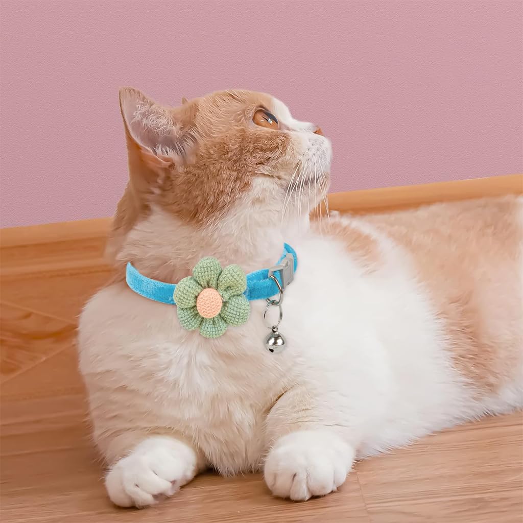 Qpets® Cat Collar Pet Collar Cute Flower Cat Collar with Bell, Lovely Cat Collar Quick Release Adjustable Cat Collar Soft Plush Collar Cat Gift Cat Collar, Blue