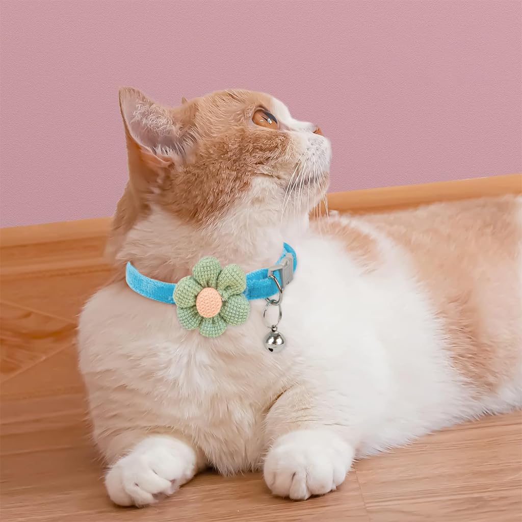 Qpets Cat Collar Set 8PCS Adjustable 19–32cm with Crochet Flower and Silver Bell | Gift for Cat Lovers