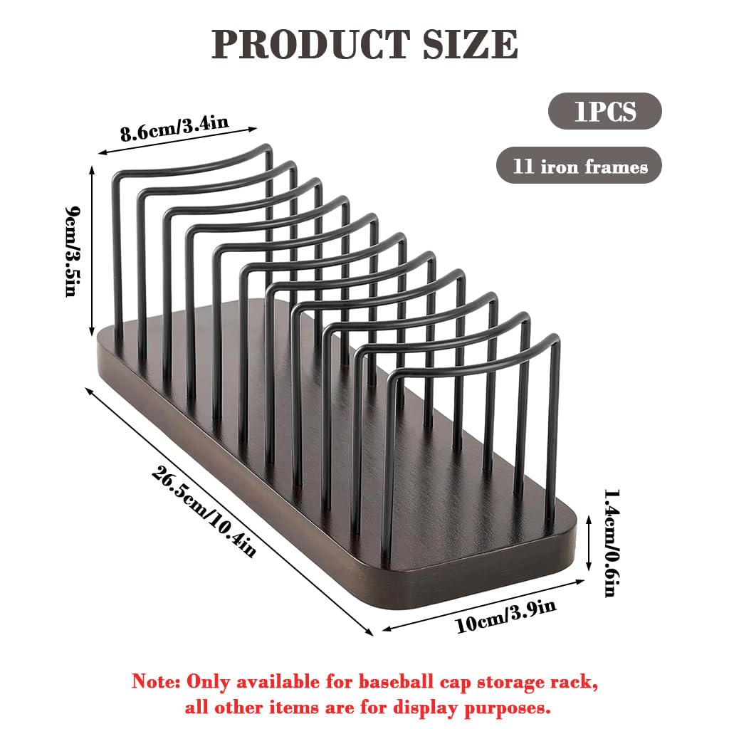 HASTHIP Hat Organizer for Desk and Shelf Display with 10 Slots and Wooden Base | 26.5x10x10cm Metal Wire Cap Holder