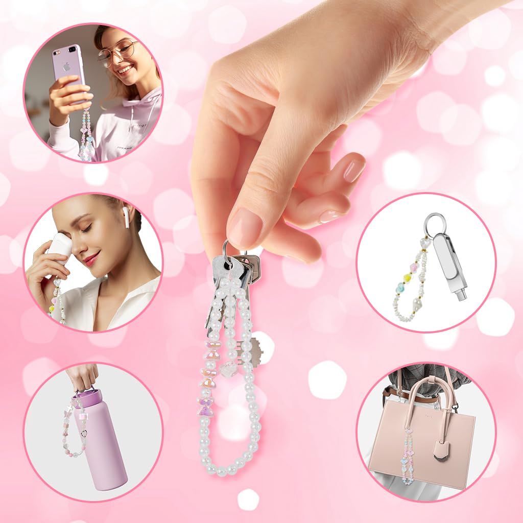 ZORBES Beaded Phone Lanyard for Girls and Women with Acrylic Butterfly and Heart Charms | 4Pcs Colorful Wrist Strap Accessory