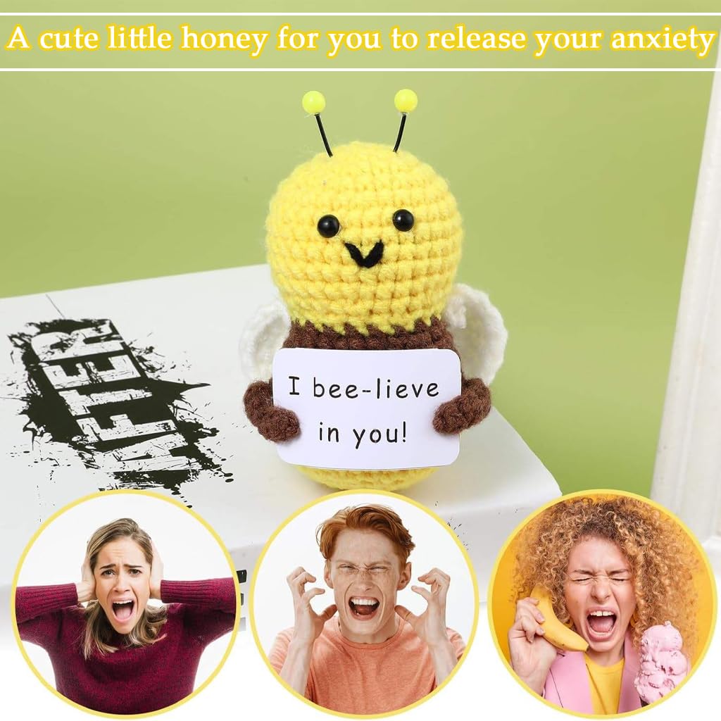 Zibuyu Positive Bee Crochet Doll for Cheerful Gifts with Emotional Support Card | Handmade Knitted Wool Plush Decor