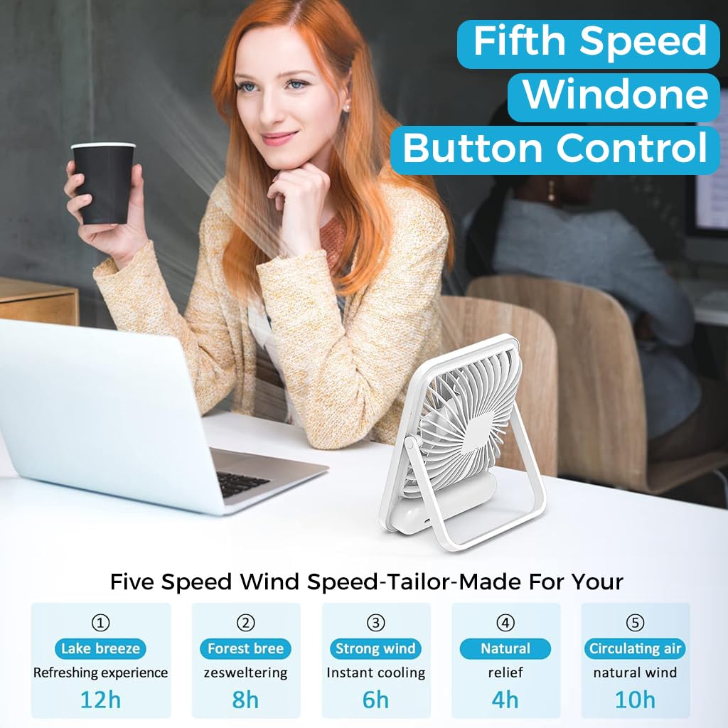 HASTHIP® Table Fan - 2000mAh Portable USB Fan with 5 Speeds, Mini USB Desk Fan with Power Display, Ultra Quiet Desktop Fan Suitable for Home Office Travel Desktop Outdoor (White)