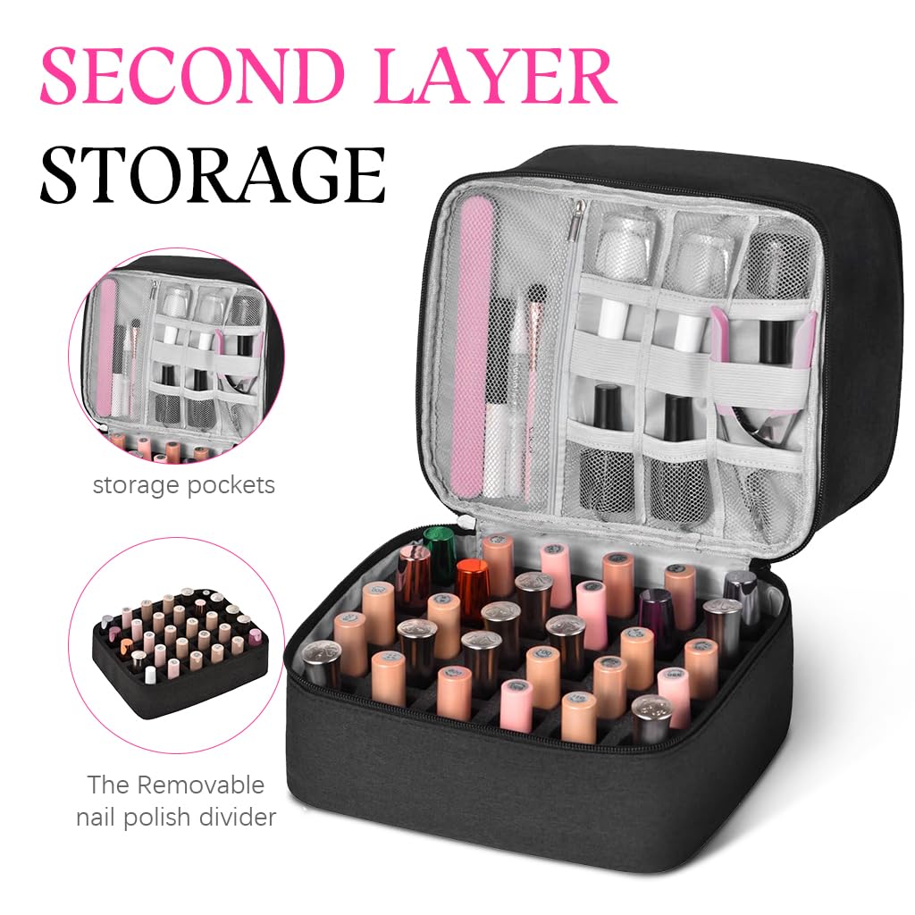 MAYCREATE Nail Polish Organizer Bag for Travel with Dual Layer Design for 30 Bottles | PU Material Carrying Case