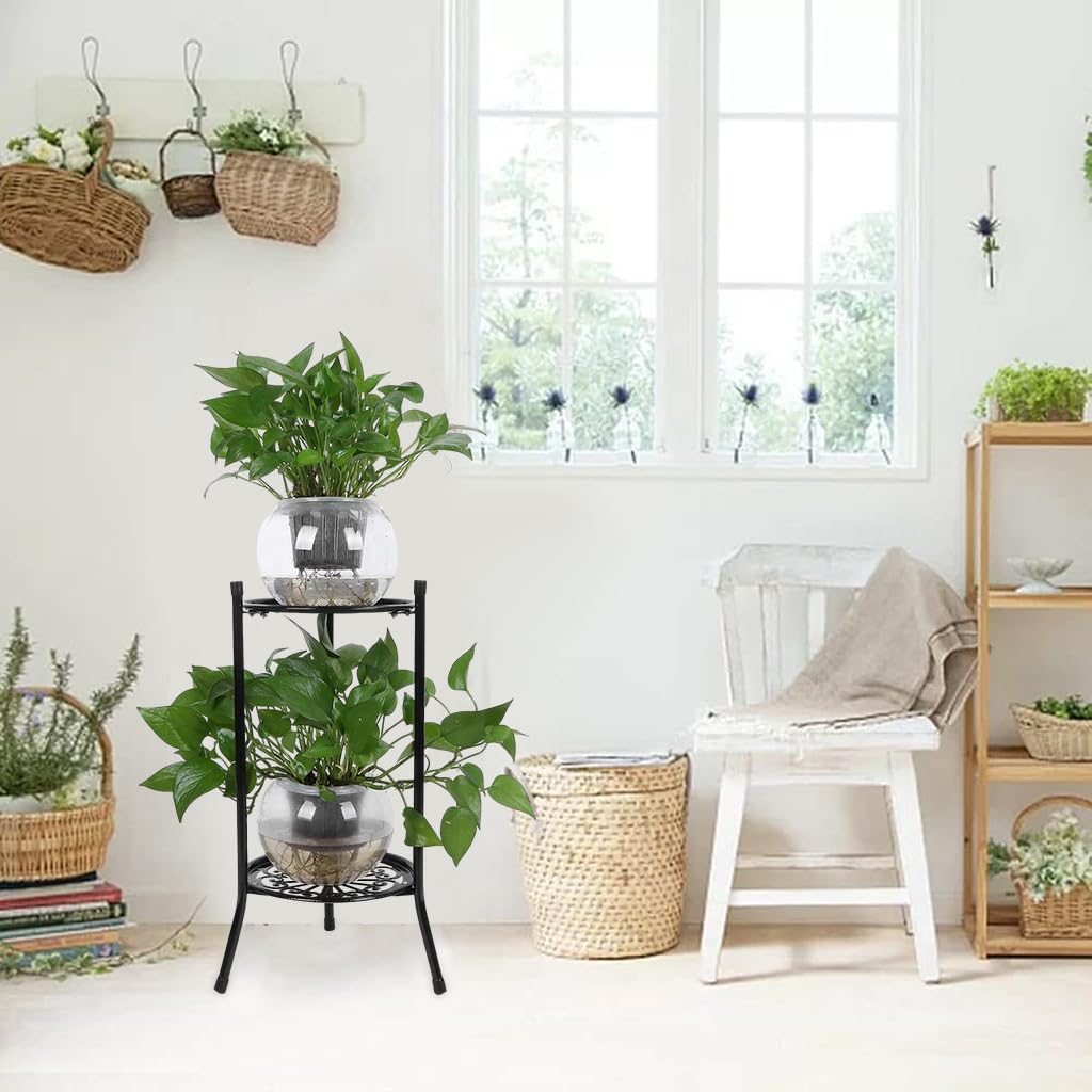 HASTHIP Double Layer Plant Stand for Indoor and Outdoor Use featuring Hollow Out Trays | 60cm Metal Holder in Elegant White