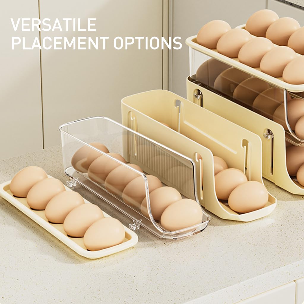 HASTHIP Kitchen Egg Holder for Refrigerator with 3 Layers 28x8.5x15cm and Auto Rolling Design