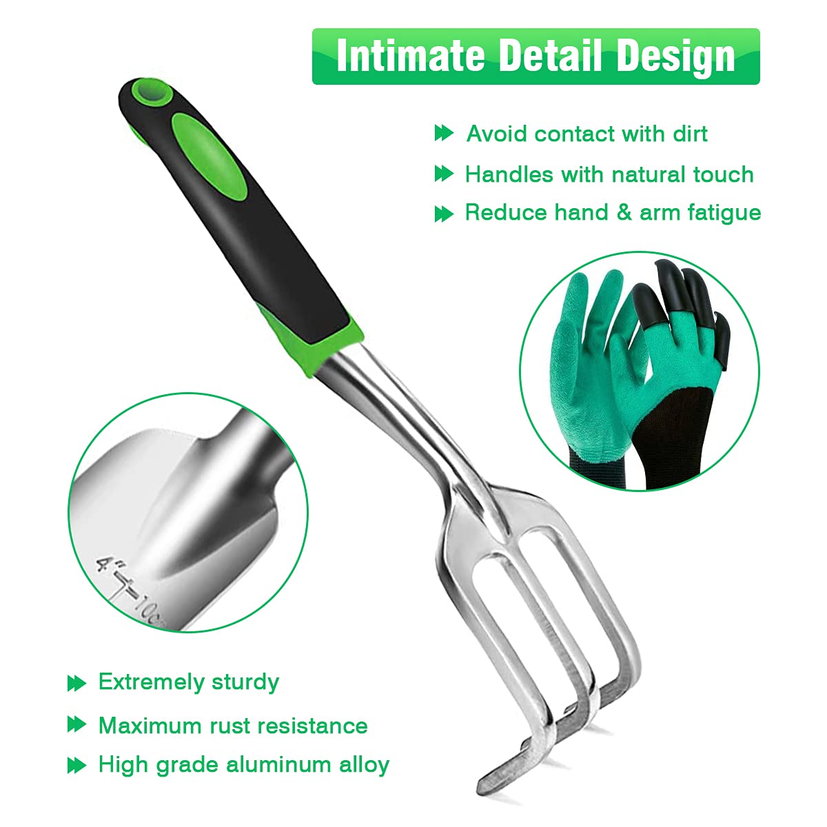 HASTHIP Garden Tool Set for Home Gardening with Rubber Handles and Stainless Steel Tools | 4Pcs Spade Cultivator Pruner Gloves