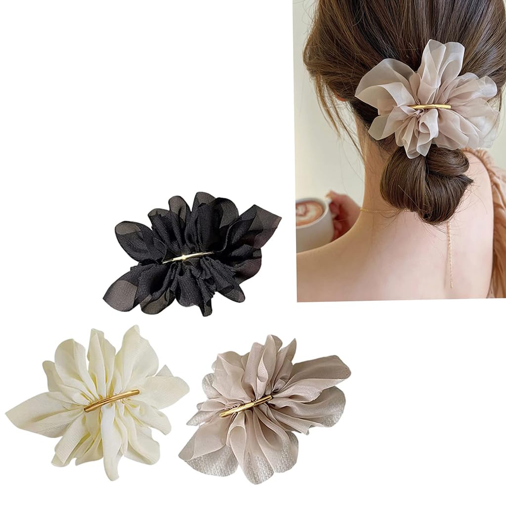 ZIBUYU 3 PC Chiffon Flower Hair Clips for Women with Secure Alligator Clip in White Beige Black
