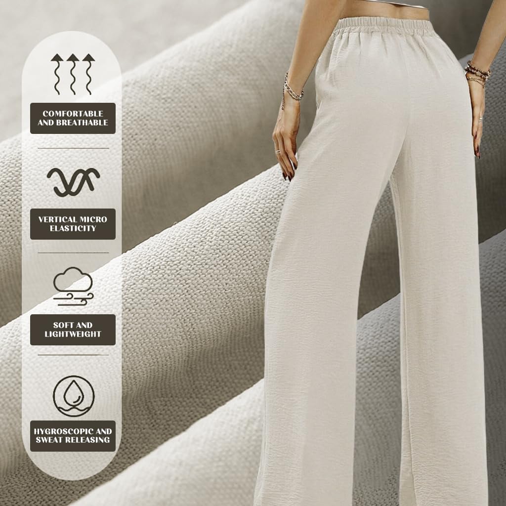 SANNIDHI Women High Waisted Wide Leg Pants for Summer with Elastic Waist and Flowing Tuck Design | Elegant Beige Palazzo Trousers