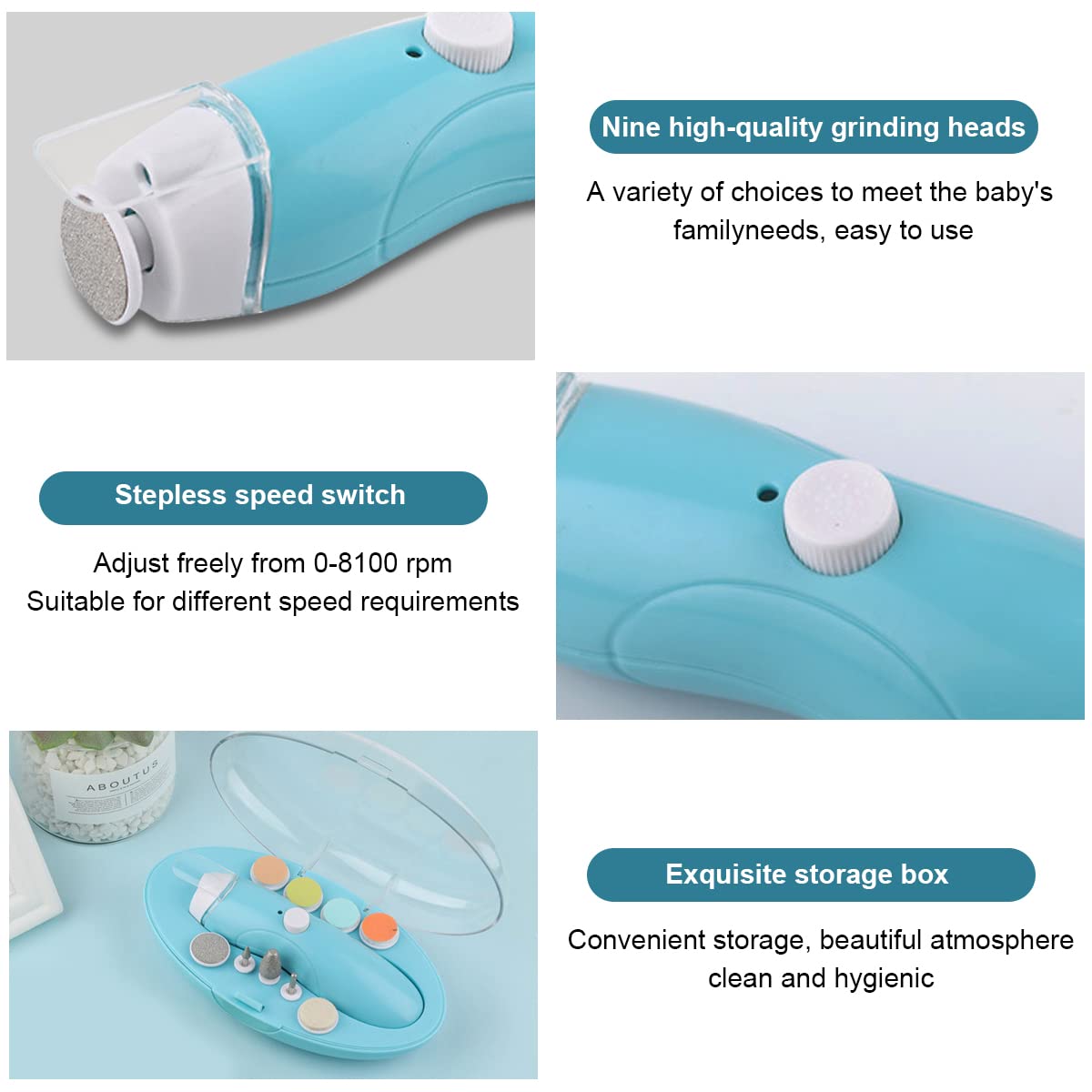 SNOWIE SOFT Rechargeable Nail Trimmer for Baby and Adult with 9 Grinder Bits featuring Bi Directional Speed Control and LED Light
