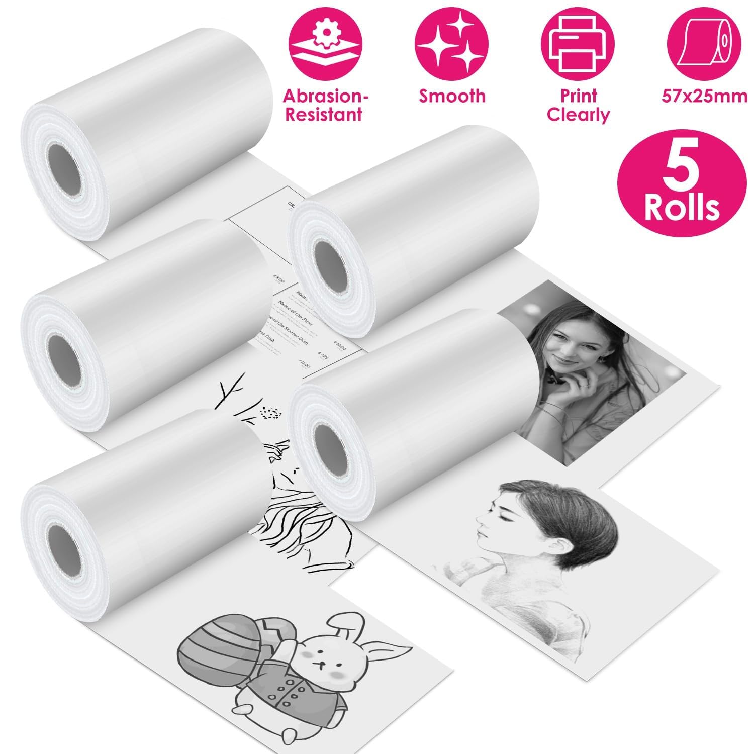 ZIBUYU Thermal Paper Rolls for Mini Printers with Adhesive Back 57mm Width | BPA Free
