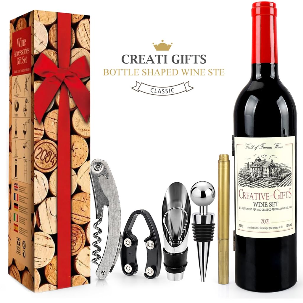 ZIBUYU Wine Accessories Kit 5Pcs for Parties and Gifts with Bottle Shaped Box | Includes Corkscrew and Stopper