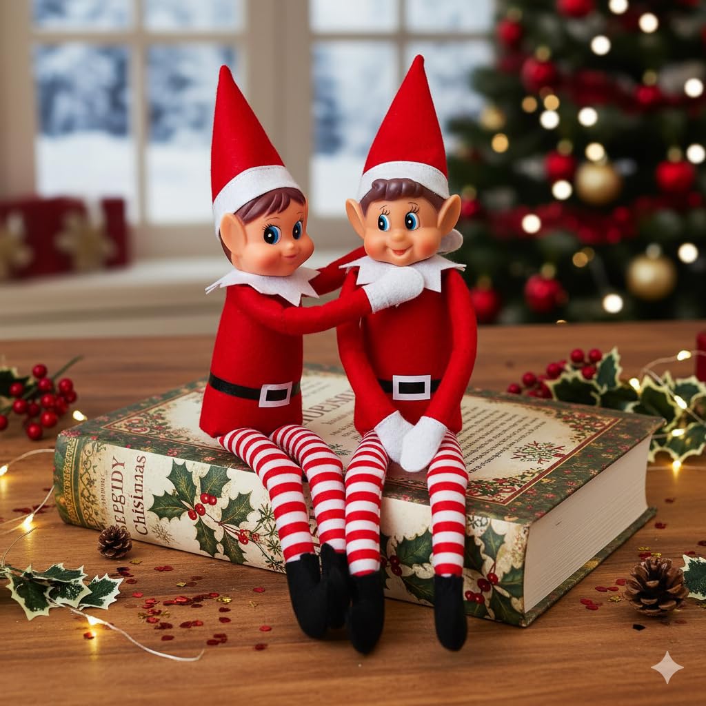 HASTHIP Christmas Elf Figures for Holiday Decor with Poseable Limbs and Soft Red Bodies | 2PCS Set