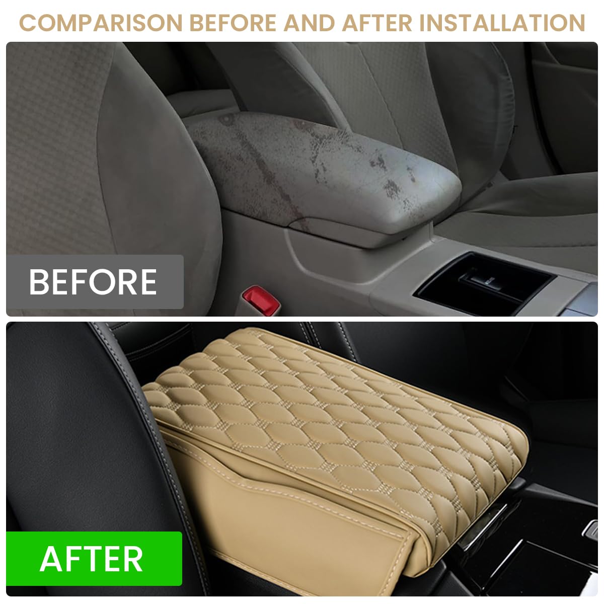 STHIRA Car Armrest Cushion for Center Console with Side Storage Pouch in Beige PU Leather | Ergonomic Support and Universal Fit