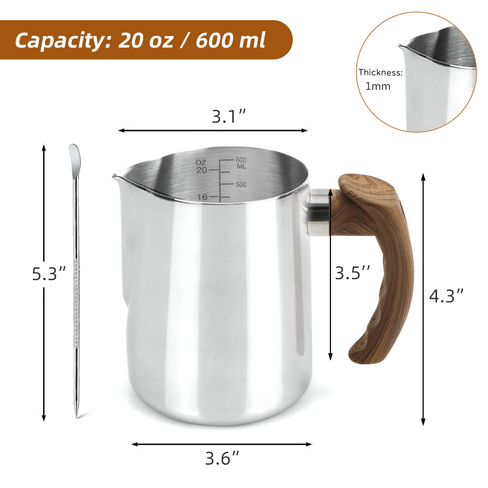 Supvox Milk Frothing Pitcher 600ml for Latte Art with V Shape Spout and Ergonomic Handle