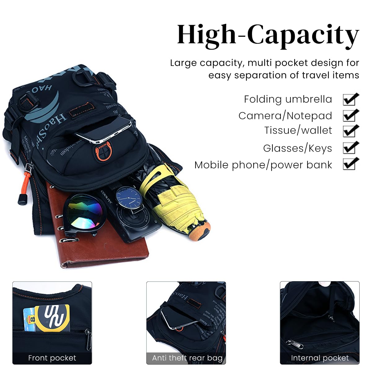 GUSTAVE Waist Bag for Outdoor Travel with 17×8×25 cm Multi Pocket Design and Quick Release Buckle | Nylon Crossbody Leg Pack for Men